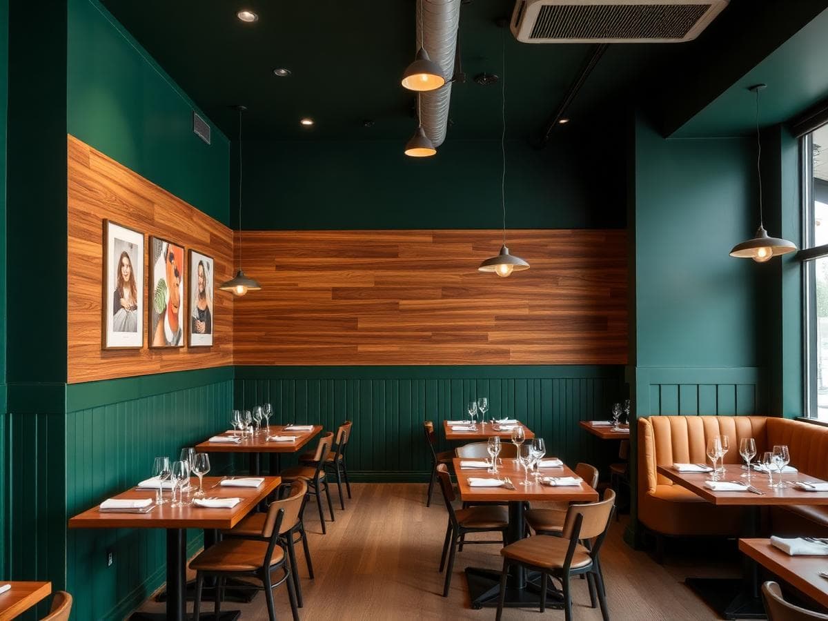 Modern restaurant interior with fresh deep green walls